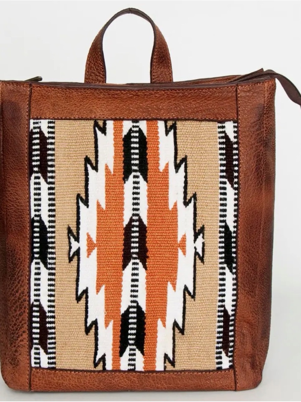 American Darling Brown Leather Backpack with Aztec Orange and White Panel